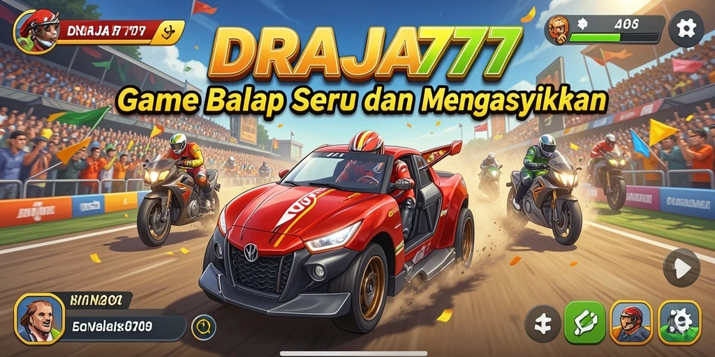 Tampilan gameplay DRAJA777 dengan mobil balap di trek yang menantang.