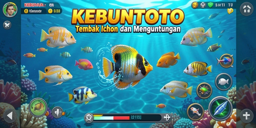 Screenshot gameplay KEBUNTOTO menampilkan aksi seru menembak ikan.
