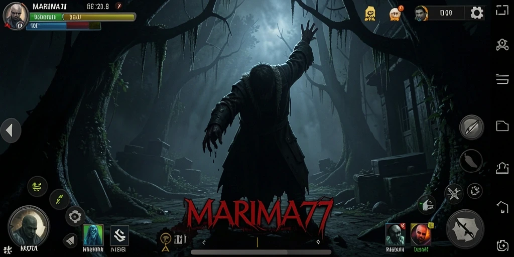 Tangkapan layar dari gameplay menyeramkan MARIMA77 menunjukkan momen tegang di dalam kegelapan.