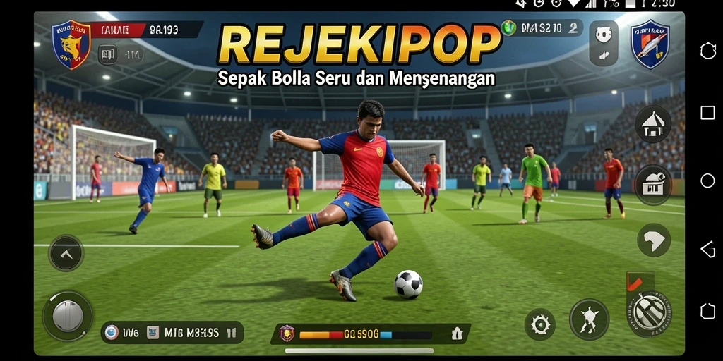 Screenshot gameplay REJEKIPOP menampilkan aksi sepak bola yang menegangkan.