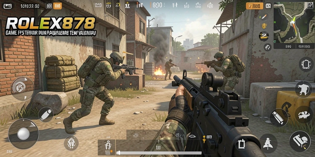 Tampilan gameplay ROLEX878 menunjukkan aksi tembak-menembak yang seru dan mendebarkan.