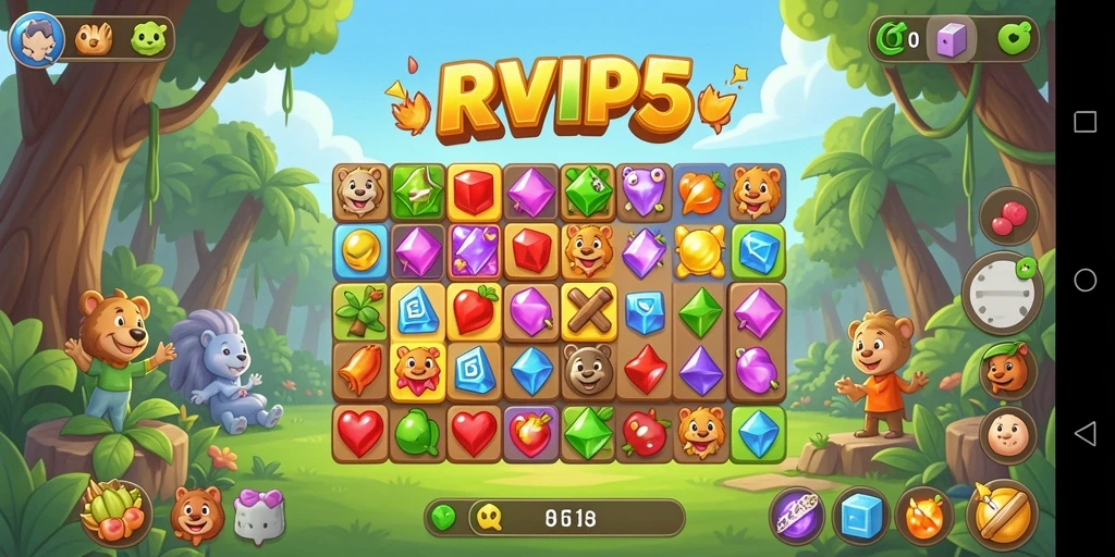 Tampilan gameplay RVIP5 yang menarik dan penuh warna dalam genre Match-3.